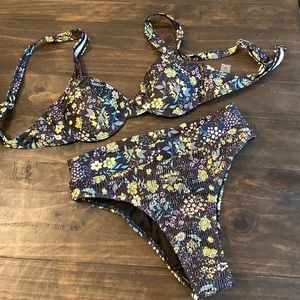 Floral print black smocked bikini woman’s size M